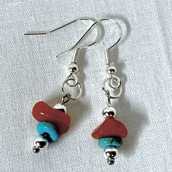REIMAGINED Carnelian & Blue Howlite Beaded Earrings on Sterling Silver Hooks - Picture 3 of 8